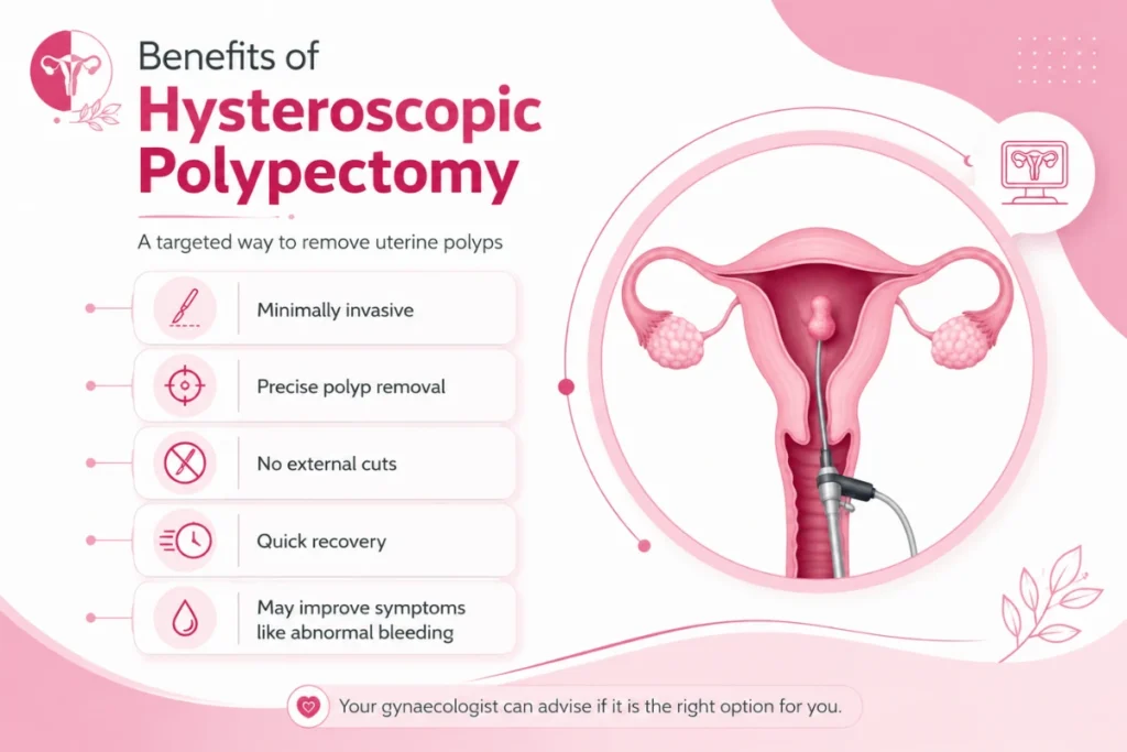 Uterine Polyps: Symptoms, Diagnosis & Treatment Plans 3 Illustration of hysteroscopic polypectomy showing minimally invasive removal of uterine polyps with benefits including no external incisions, quick recovery, and improved abnormal uterine bleeding symptoms.