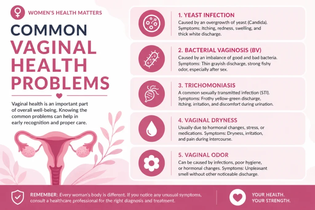 Vaginal Health: Common Issues & Simple Solutions 2 Infographic explaining common vaginal health problems such as yeast infection, bacterial vaginosis (BV), trichomoniasis, vaginal dryness, and vaginal odor with their symptoms.