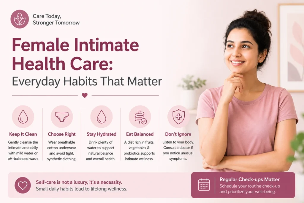 Vaginal Health: Common Issues & Simple Solutions 3 Woman highlighting everyday female intimate health care tips, including proper hygiene, hydration, breathable clothing, balanced nutrition, and regular gynaecology check-ups.