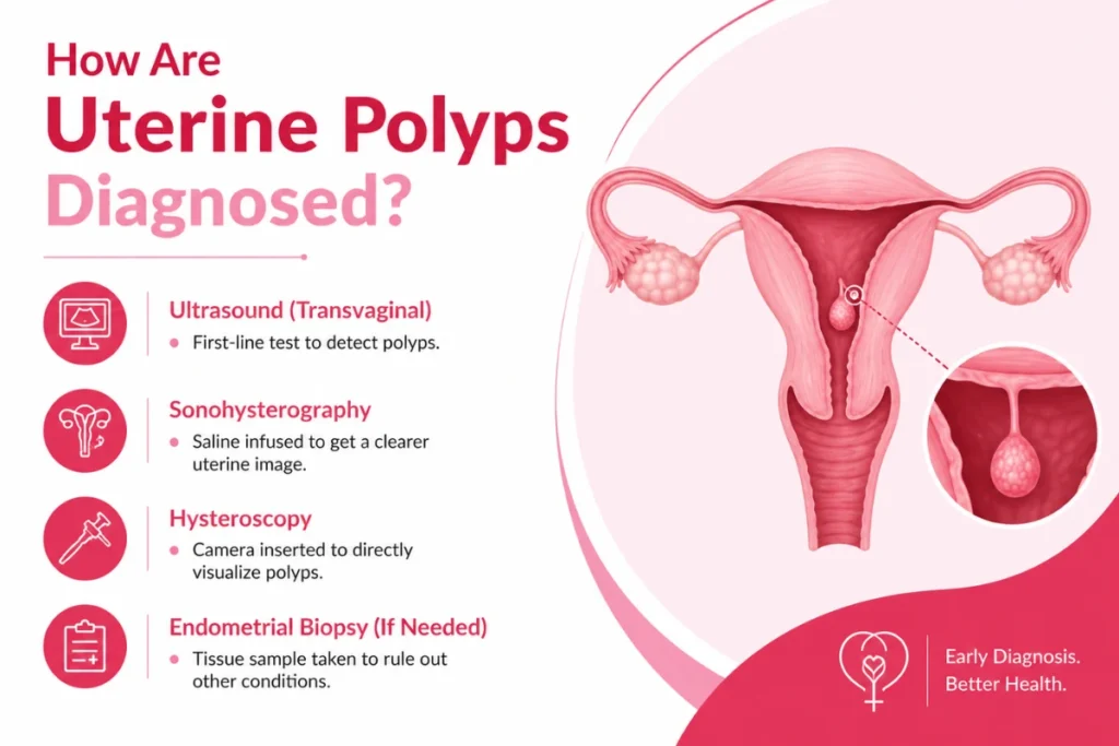 Uterine Polyps: Symptoms, Diagnosis & Treatment Plans 2 Medical infographic explaining how uterine polyps are diagnosed using transvaginal ultrasound, sonohysterography, hysteroscopy, and endometrial biopsy.