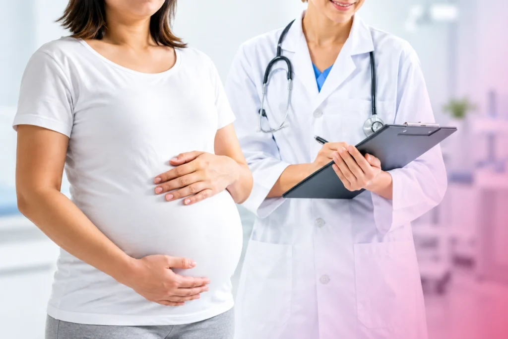 Doctor discussing women's hormonal health with a pregnant woman