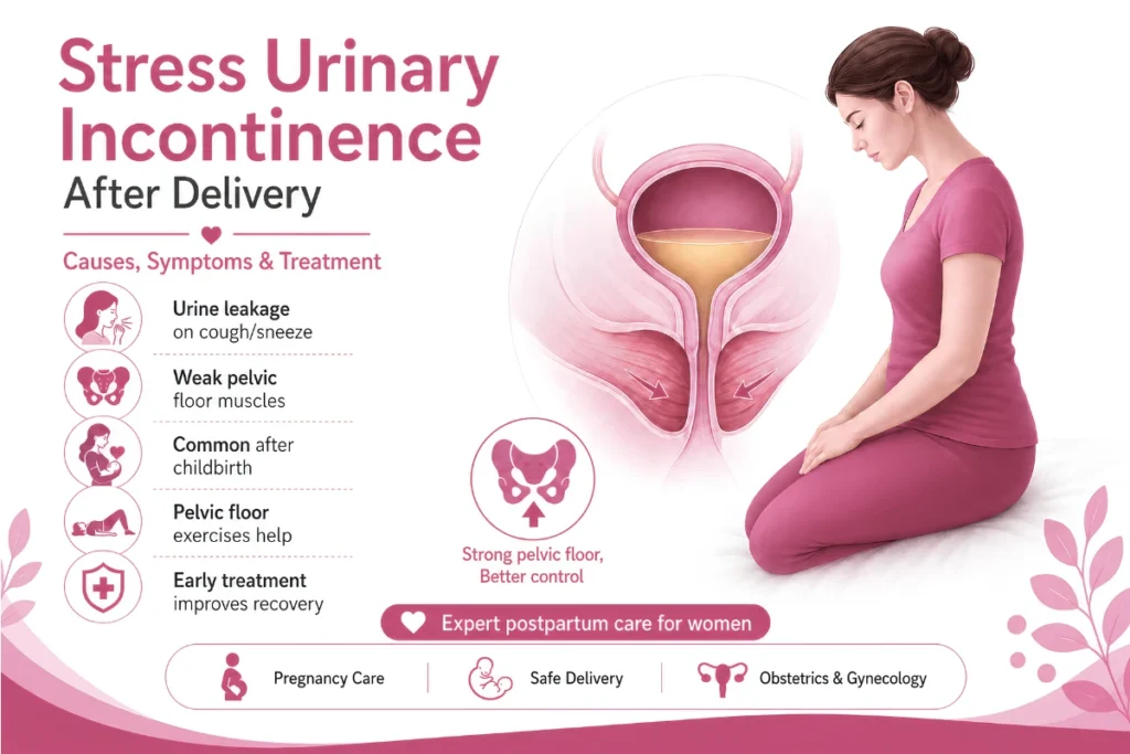 Infographic showing stress urinary incontinence after delivery and pelvic floor weakness
