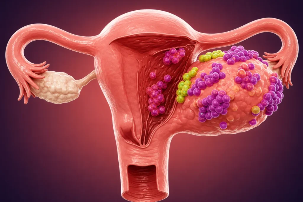 Illustration showing an ovarian cyst on the ovary