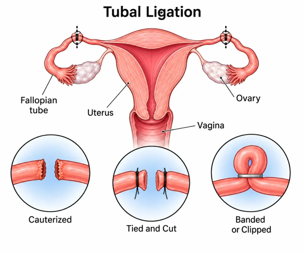 Tubal Ligation in Dubai: Procedure, Benefits, Risks & Recover 1 Tubal ligation surgery showing fallopian tube cauterization, tying and clipping