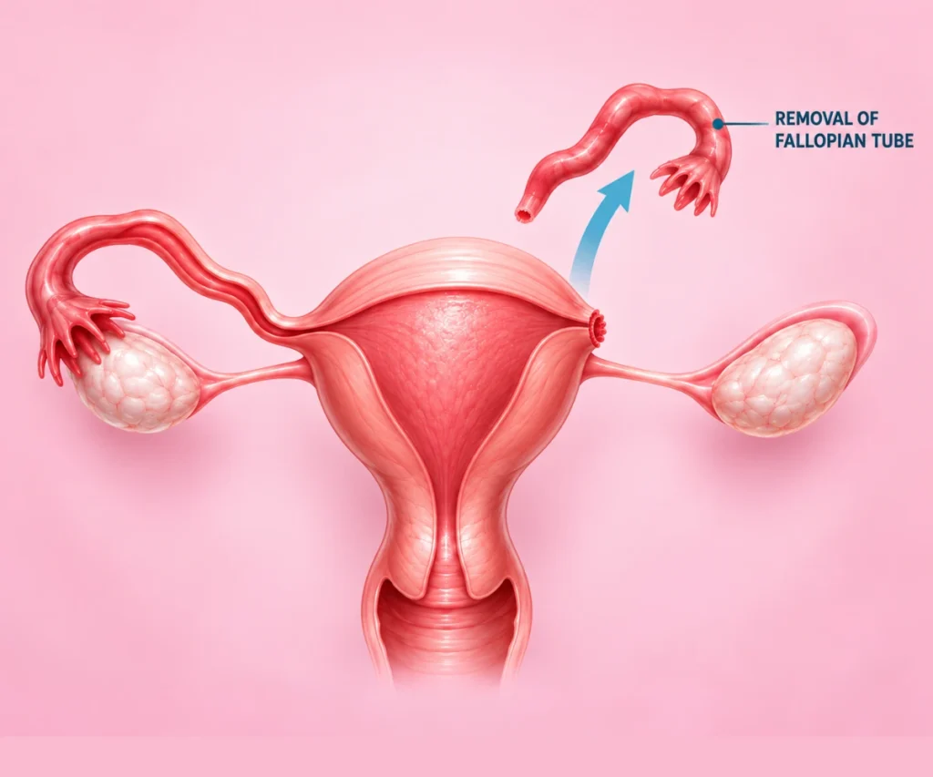 Medical illustration demonstrating salpingectomy, with one fallopian tube removed and shown separately from the uterus while the ovaries and other tube remain in place.
