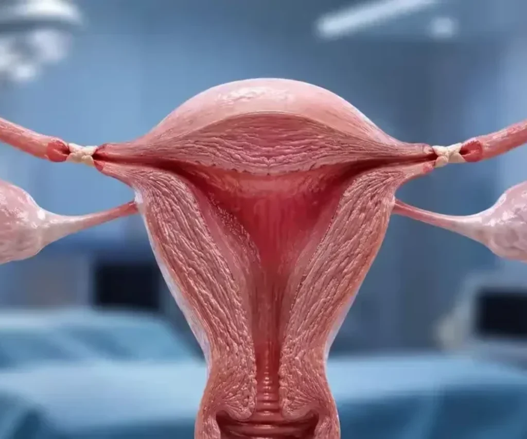Salpingectomy in Dubai: Medical illustration of the uterus and fallopian tubes showing the tubes surgically interrupted near the uterus, with the ovaries remaining in place.