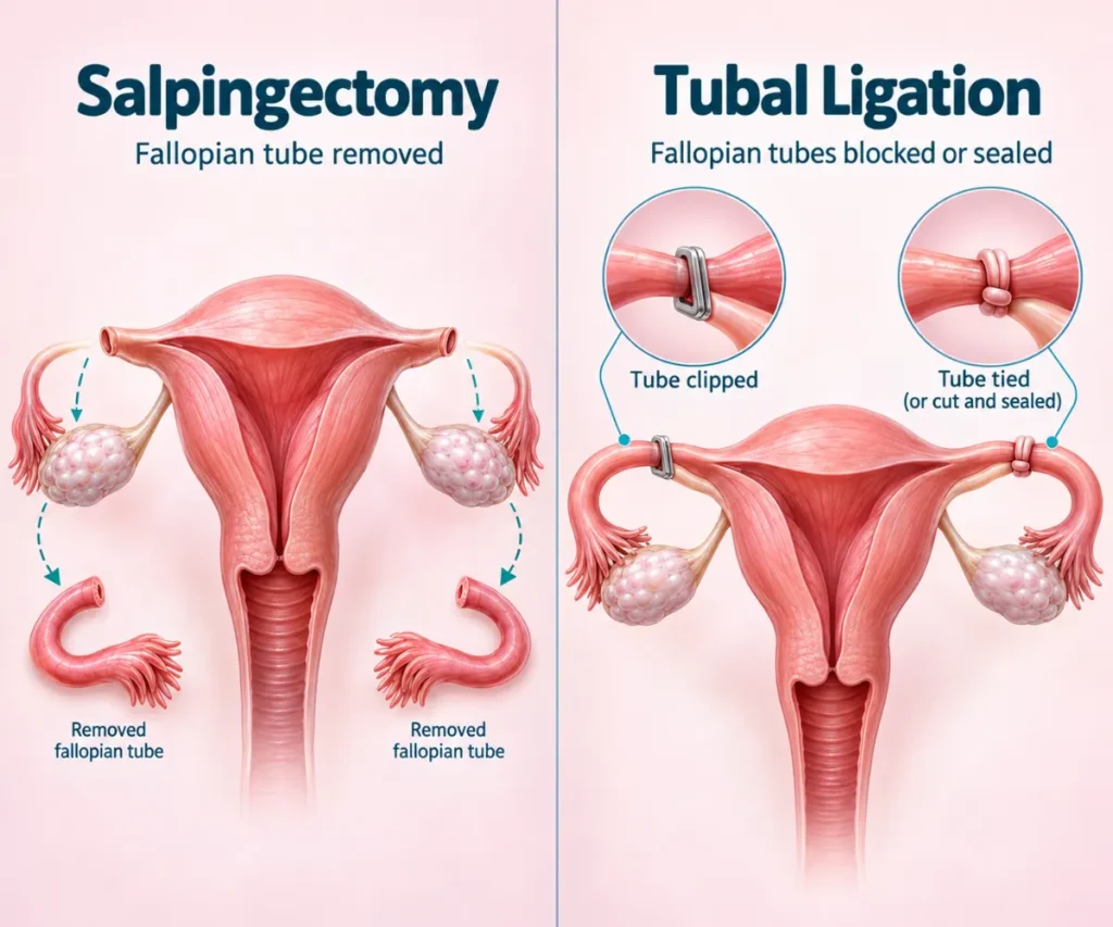 salpingectomy-vs-tubal-ligation: Side-by-side medical illustration comparing salpingectomy, where both fallopian tubes are removed, with tubal ligation, where the tubes are clipped, tied, or sealed to prevent pregnancy.