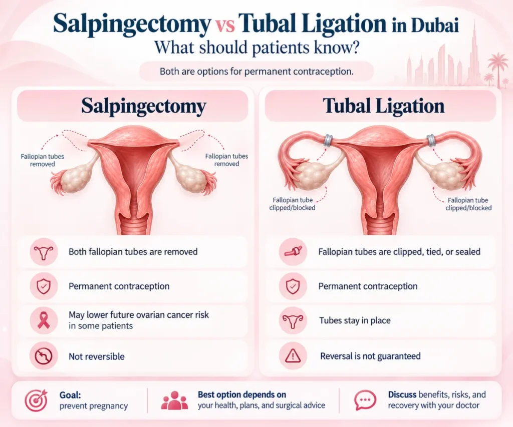 Infographic comparing salpingectomy and tubal ligation in Dubai, illustrating fallopian tube removal versus clipping or blocking, key differences in permanence, ovarian cancer risk reduction, and fertility considerations. Salpingectomy vs Tubal Ligation