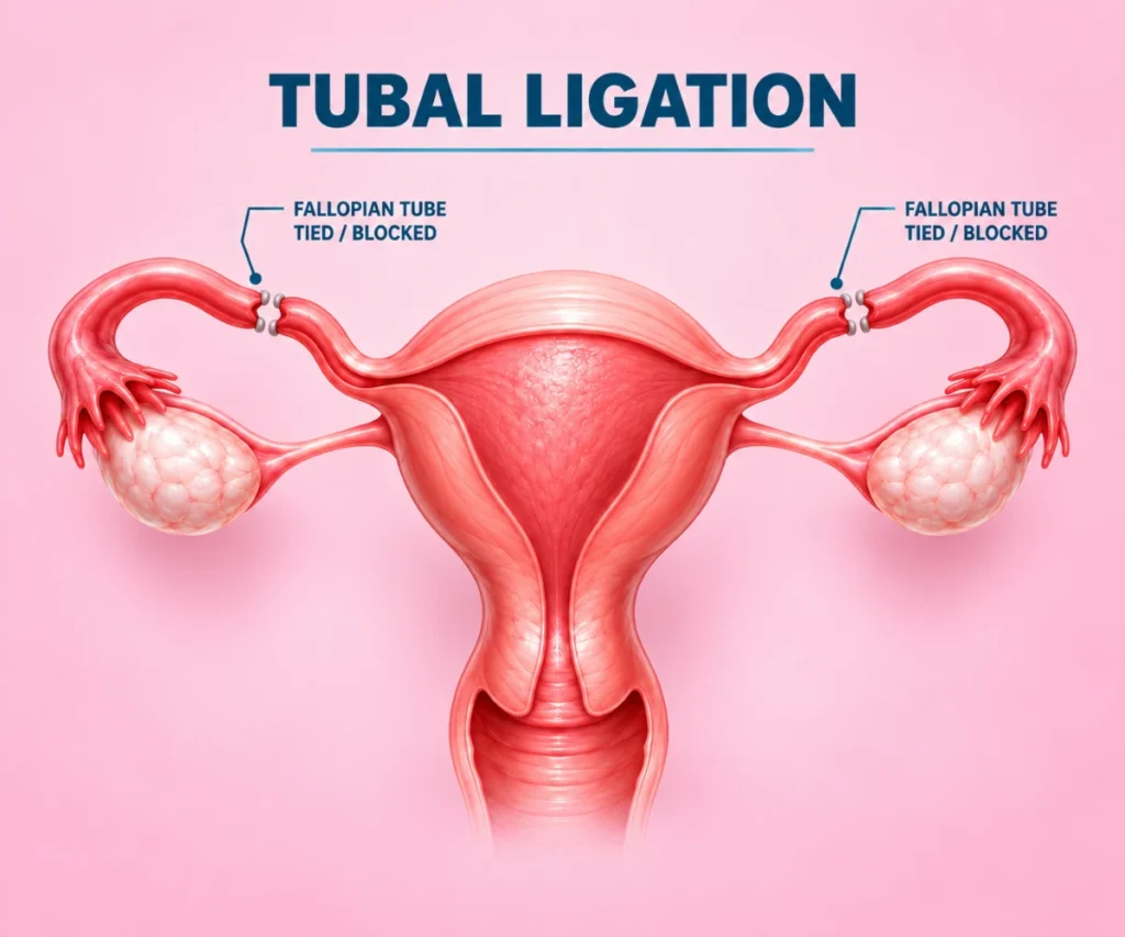 Medical illustration of tubal ligation showing both fallopian tubes clipped or blocked near the uterus to prevent pregnancy, with the uterus and ovaries remaining in place.